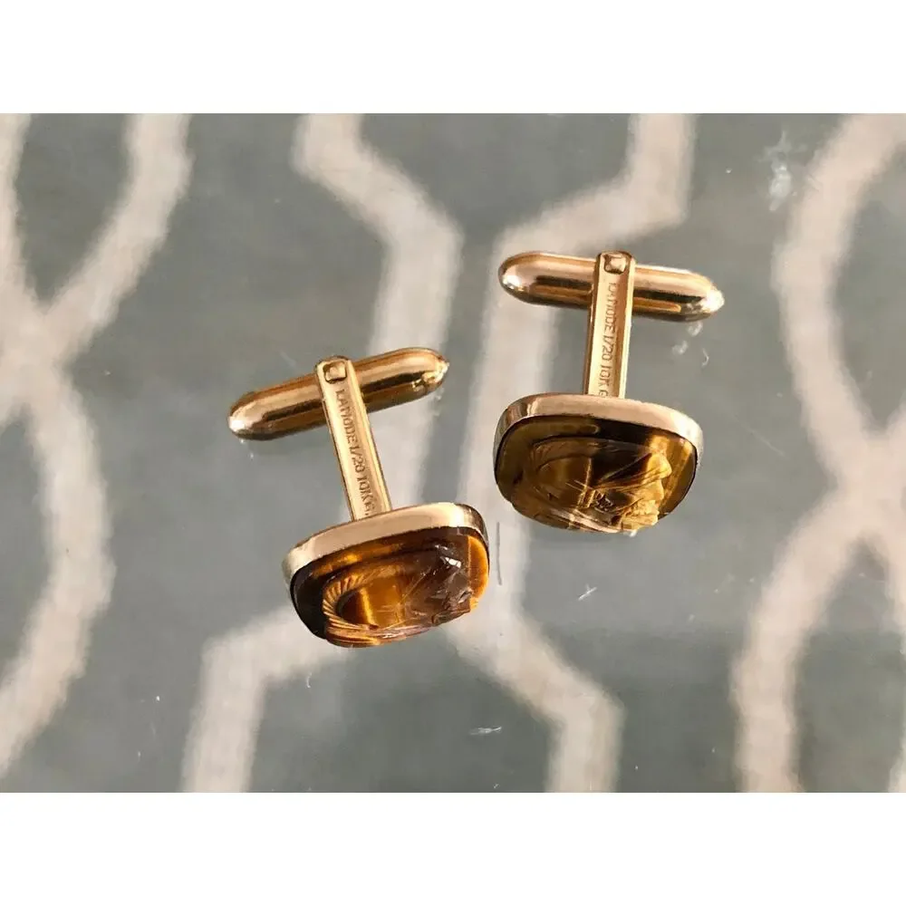 Vintage Lamode 10K Gold Filled, Carved Tigereye Brown Stone Warrior Cufflinks